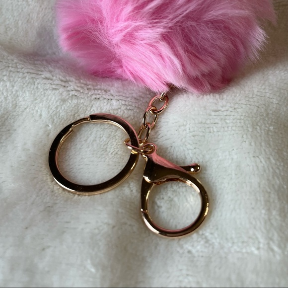 Faux Rabbit Fur Pompom BUBBLEGUM PINK Keychain Metal keyring Bag Accessory - Picture 3 of 8